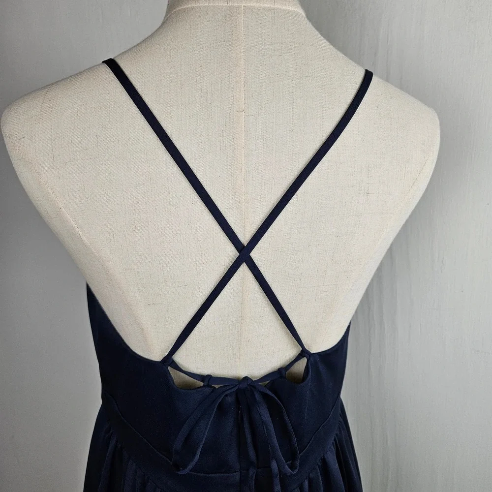 J.Crew Criss Cross Tie‎ Back Midi Dress 6 Navy Blue Ruffle Spaghetti Strap